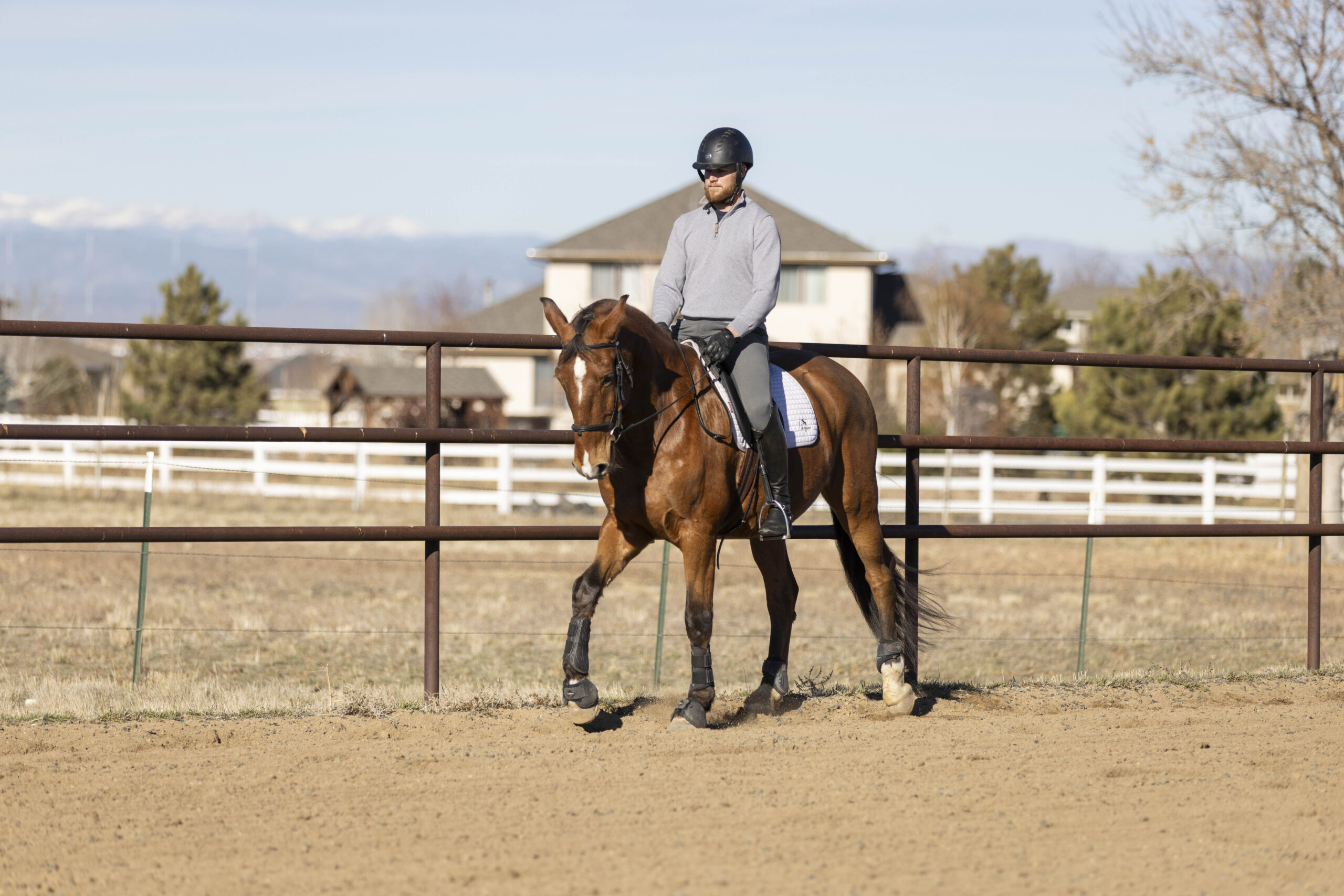 Person riding a horse in an outdoor arena on a sunny day.