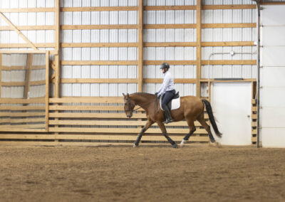 Person riding a horse inside an indoor arena.