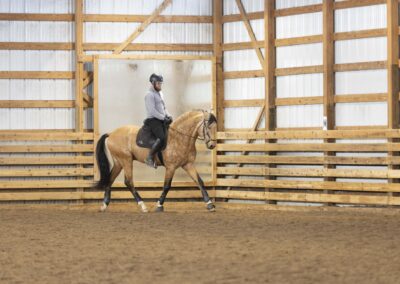A rider on a tan horse inside an indoor riding arena.